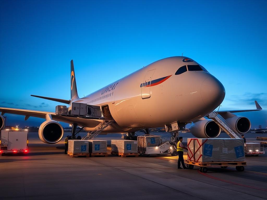Cargo aircraft being loaded with palletised freight at dusk
