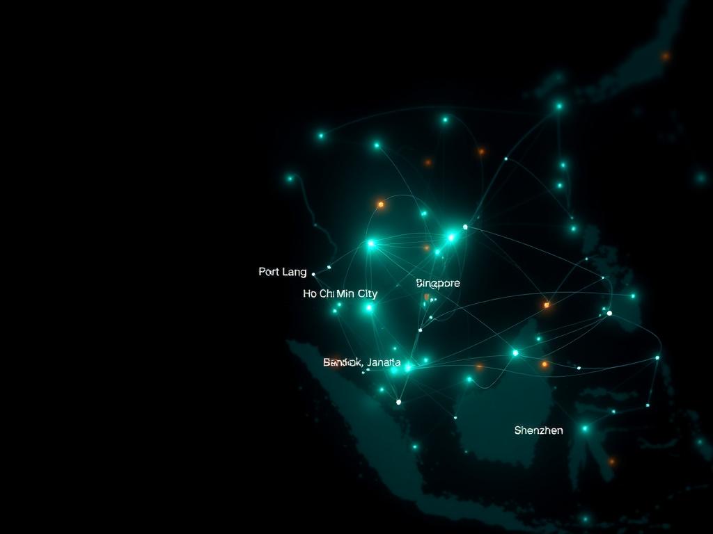 Stylised Southeast Asian trade network with port-to-port routes