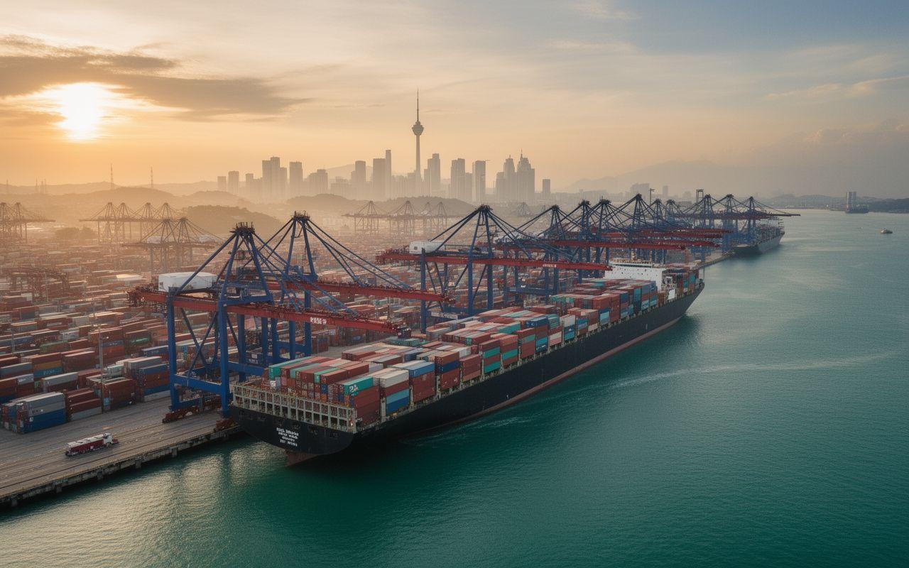 Container vessel berthed at Port Klang during golden hour