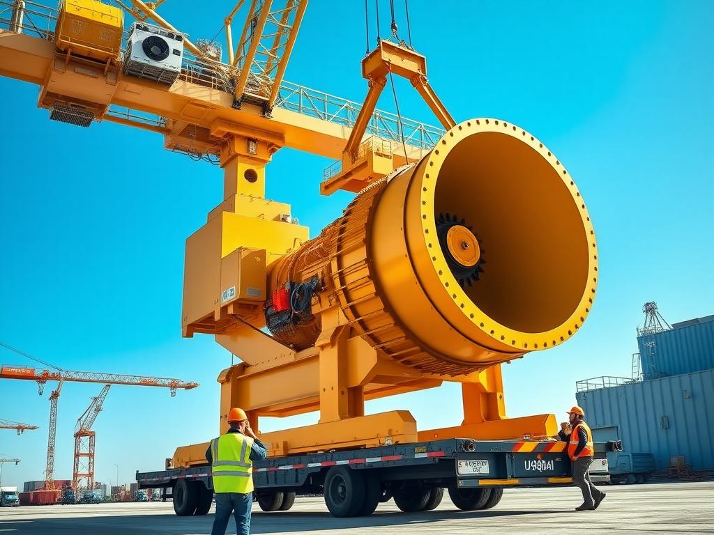 Mobile crane lifting a heavy turbine generator at a Malaysian project site