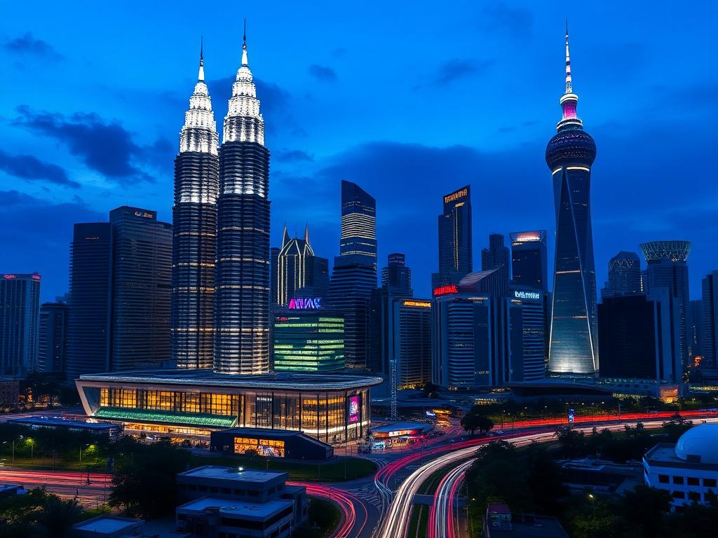 Kuala Lumpur skyline at blue hour with KL Tower and Petronas Twin Towers
