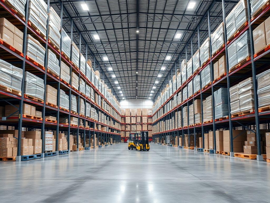 Interior of a modern logistics warehouse with high pallet racking